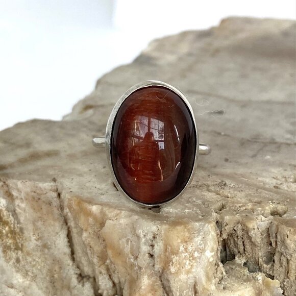 Sterling Silver 925 Oval Bezel Set 0.75" Tigers Eye Cats Eye Quartz Ring Sz 6.5 - Picture 2 of 16